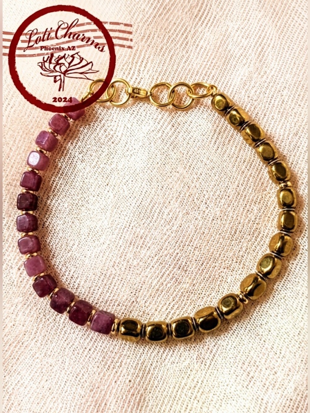 Natural Dark Pink Morganite And Gold Nugget In Beaded Necklace